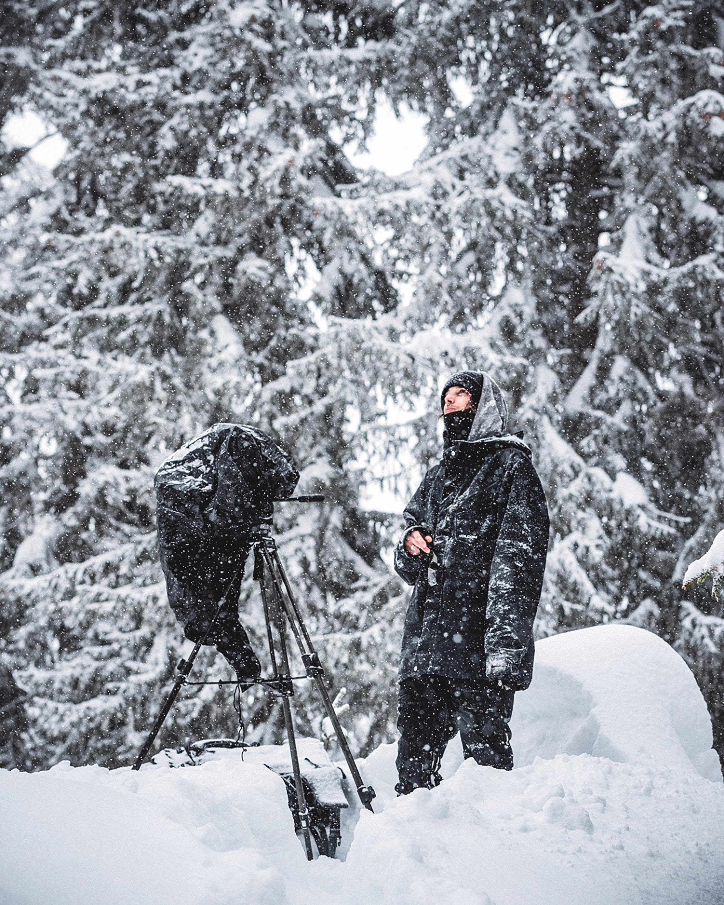 Mathias Wittwer filming during a snow storm. Photo by Aaron Schwartz